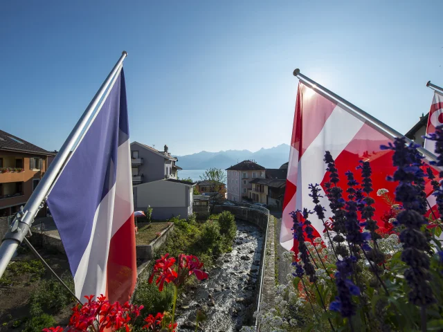 French and Savoyard flag in foreground with stream in background